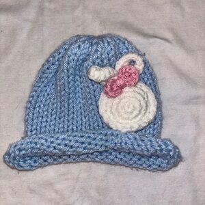 Handmade Blue Knit Baby Hat with White & Pink Flower Accent
